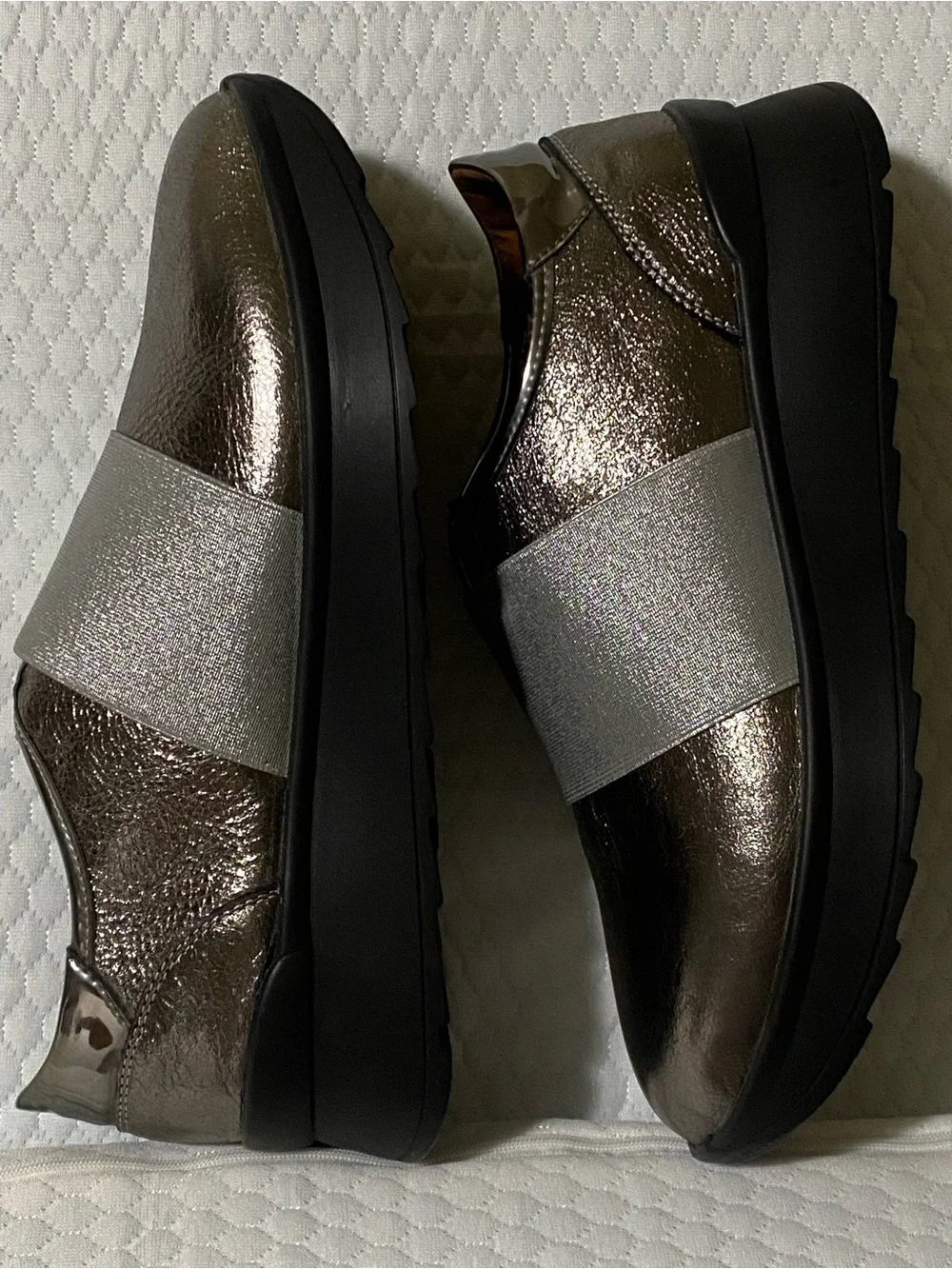 Metallic Bronze Slip-On Loafers with Wide Elastic Strap